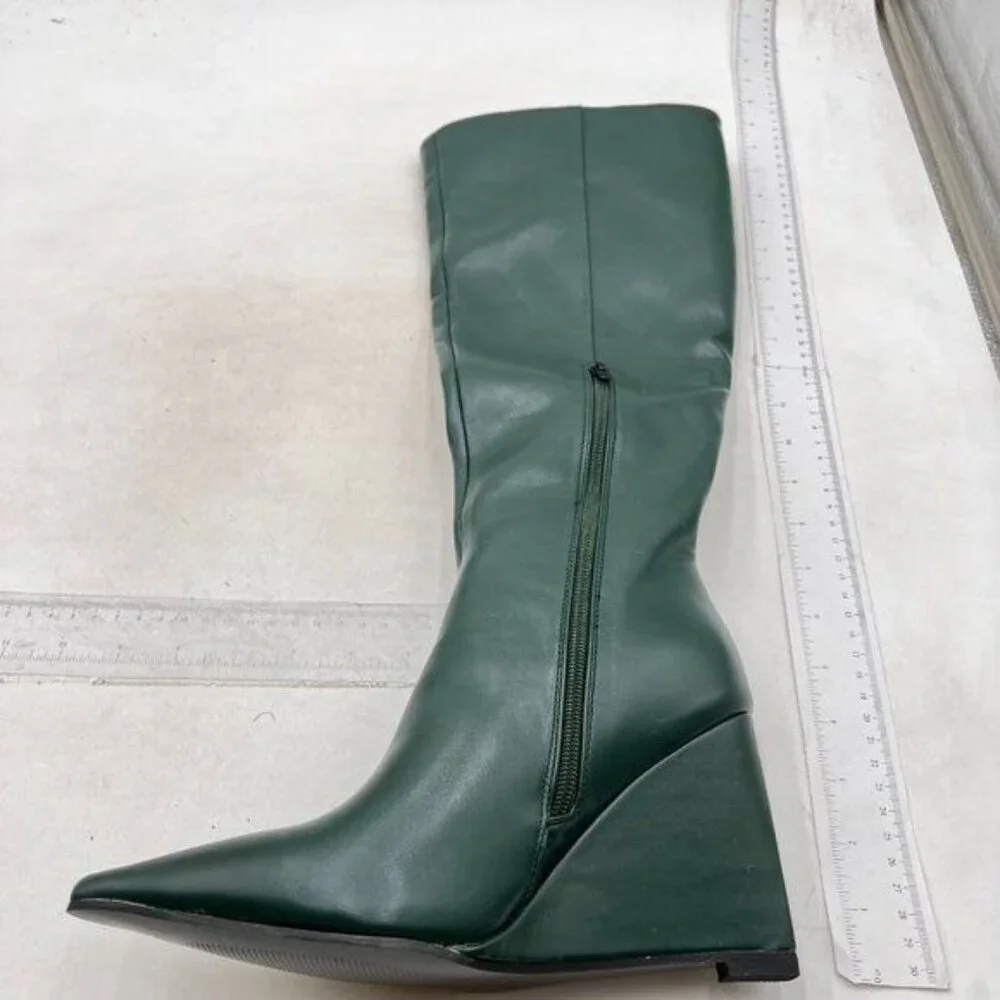 miss left Women Wide Calf Knee High Boots Pointed Toe Wedge High Heels Green